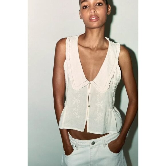 Zara Embroidered Peter Pan Collar Top in White - Picture 2 of 4